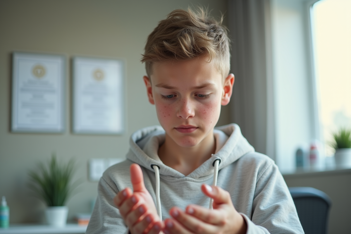 Jeune garçon appliquant une crème sur ses mains dans un cabinet médical