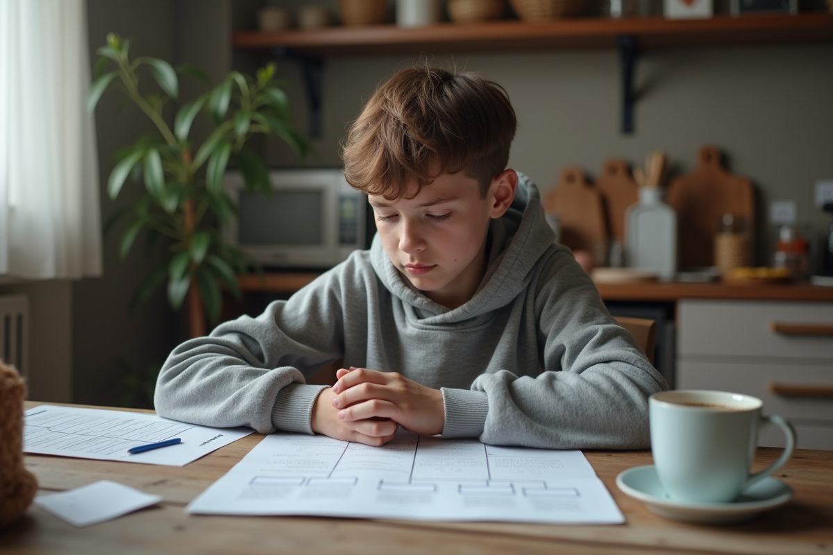 Adolescent concentré sur un arbre généalogique à la cuisine