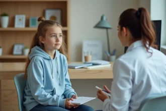 Adolescente en consultation médicale avec sa médecin, posant des questions sur une nouvelle prescription de pilule contraceptive