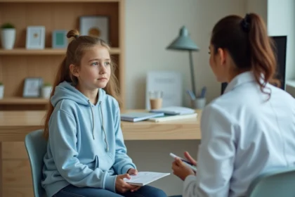 Adolescente en consultation médicale avec sa médecin, posant des questions sur une nouvelle prescription de pilule contraceptive