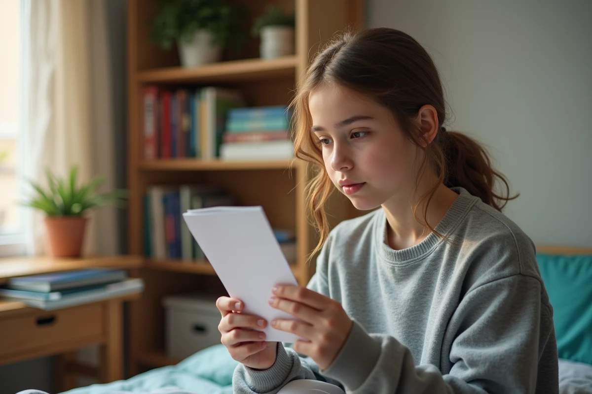 Jeune adolescente lisant une notice d'information sur la contraception orale dans sa chambre