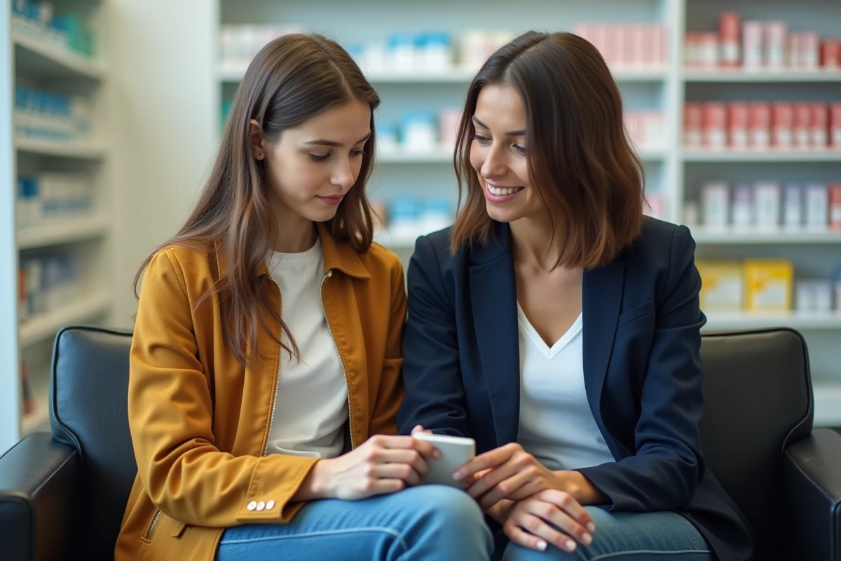 Adolescente et sa mère en pharmacie examinant une boîte de pilule contraceptive prescrite par le médecin