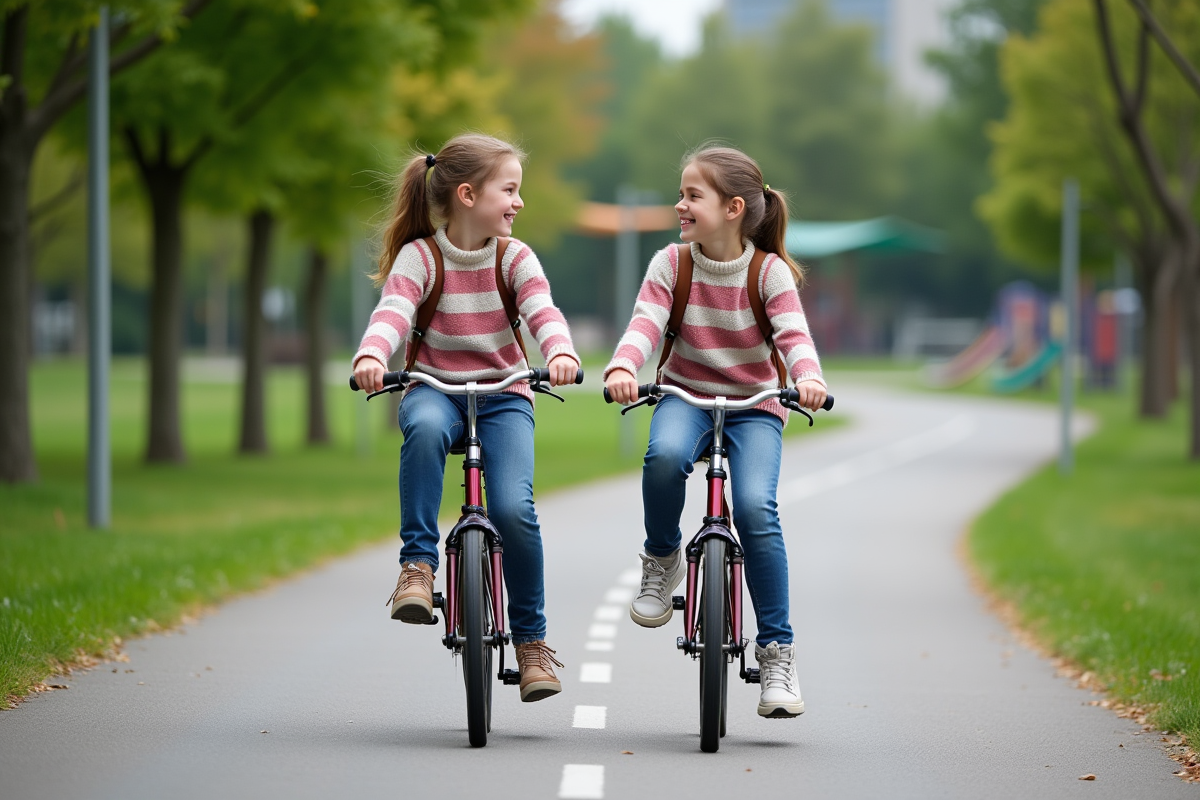 Adolescentes jumelles de 12 ans roulant à vélo dans un parc urbain ensoleille