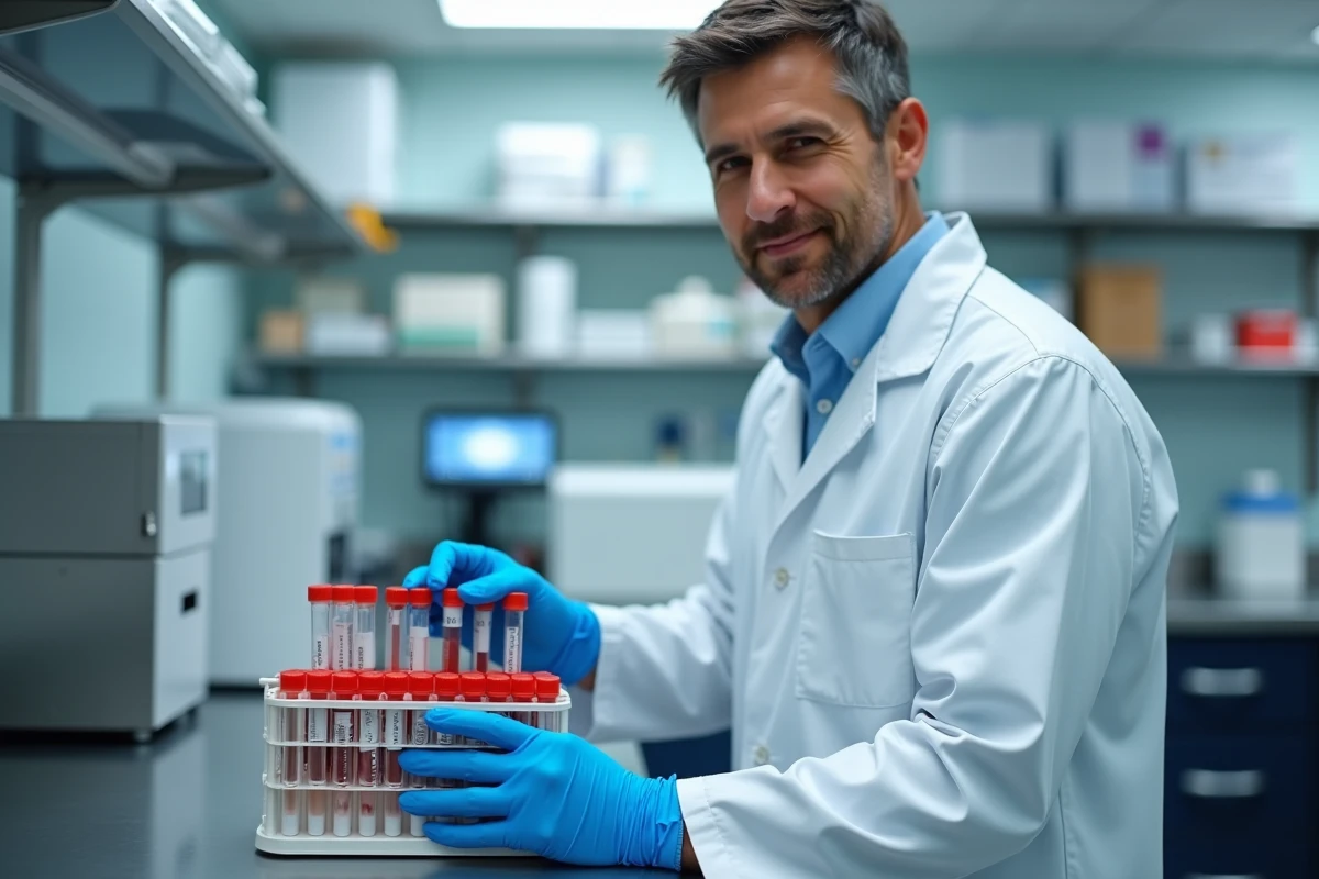 Technicien de laboratoire analysant des échantillons sanguins pour mesurer les transaminases hépatiques SGOT