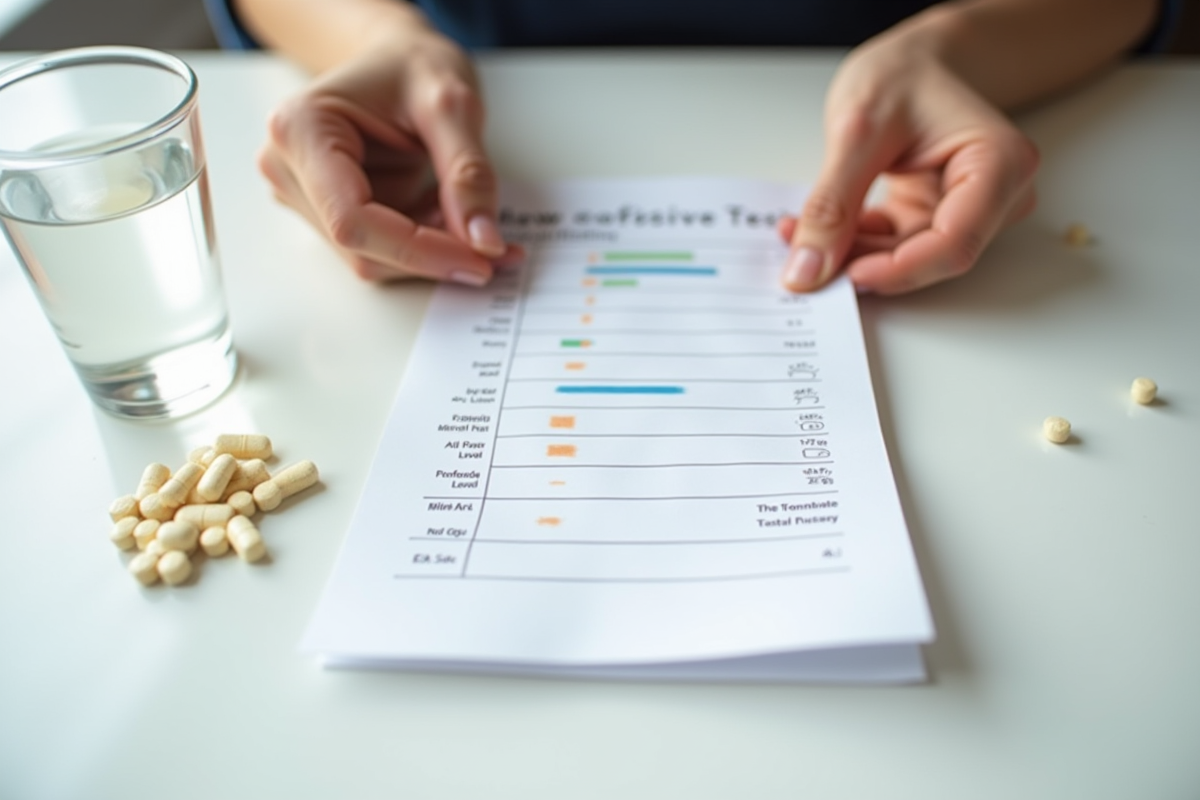 Mains tenant un test de folate faible avec comprimés et eau