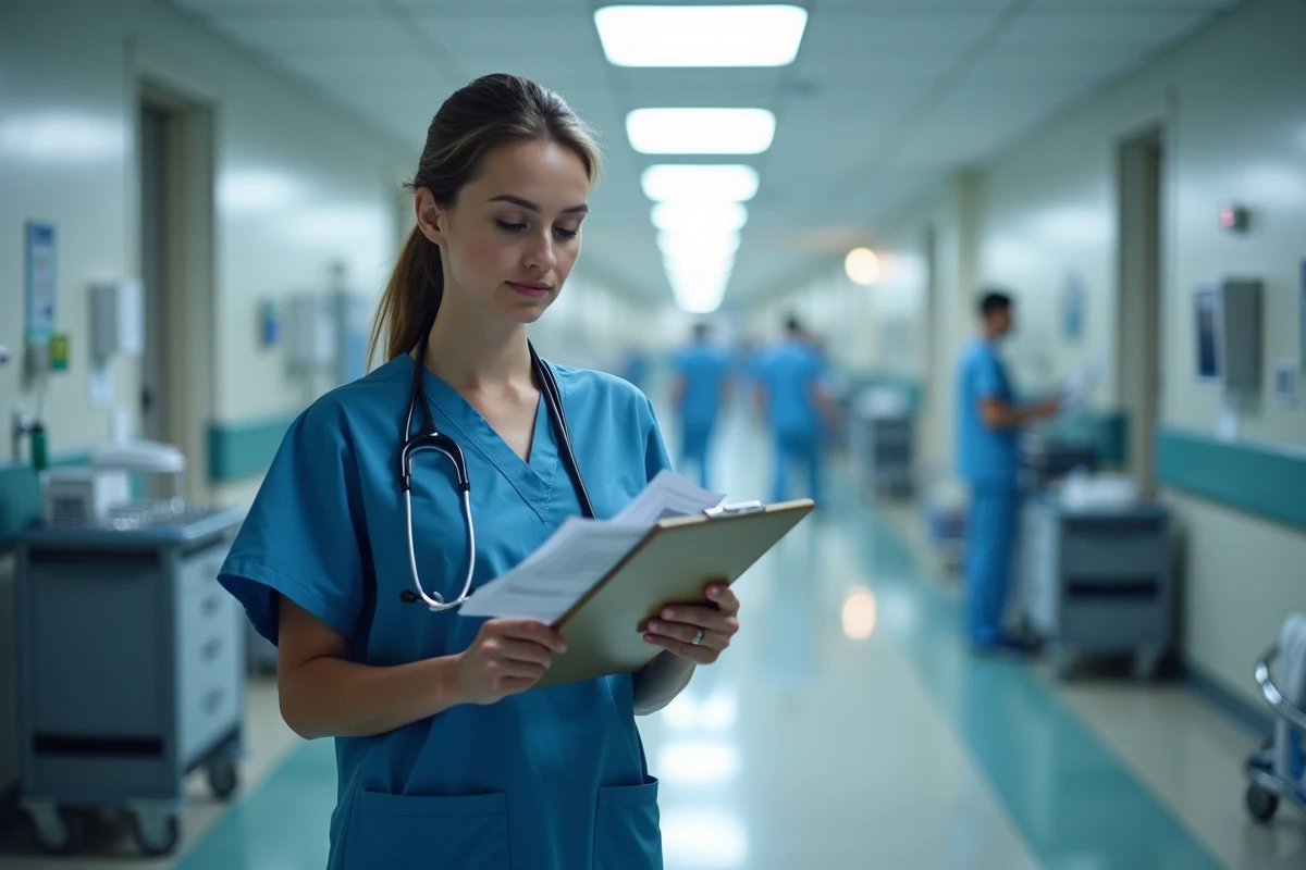 Chirurgienne assistante consultant des documents sur son salaire dans un couloir d'hôpital