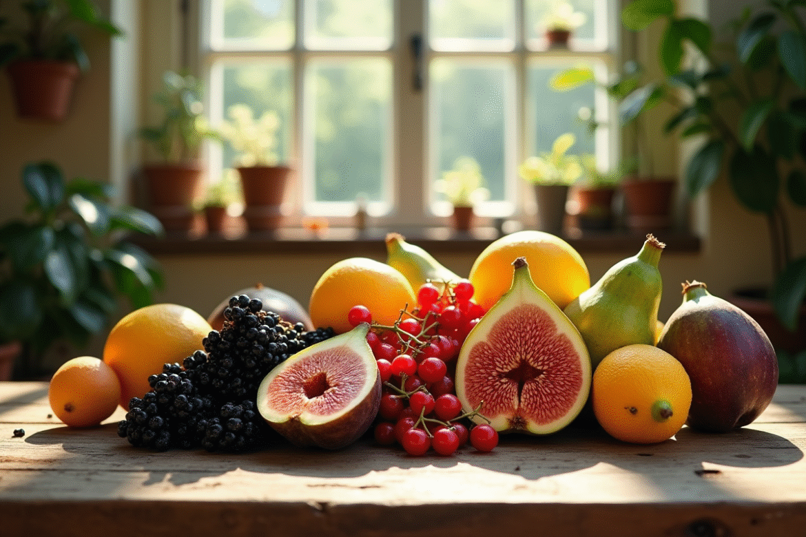 Assortiment de fruits rares et colorés sur une table en bois