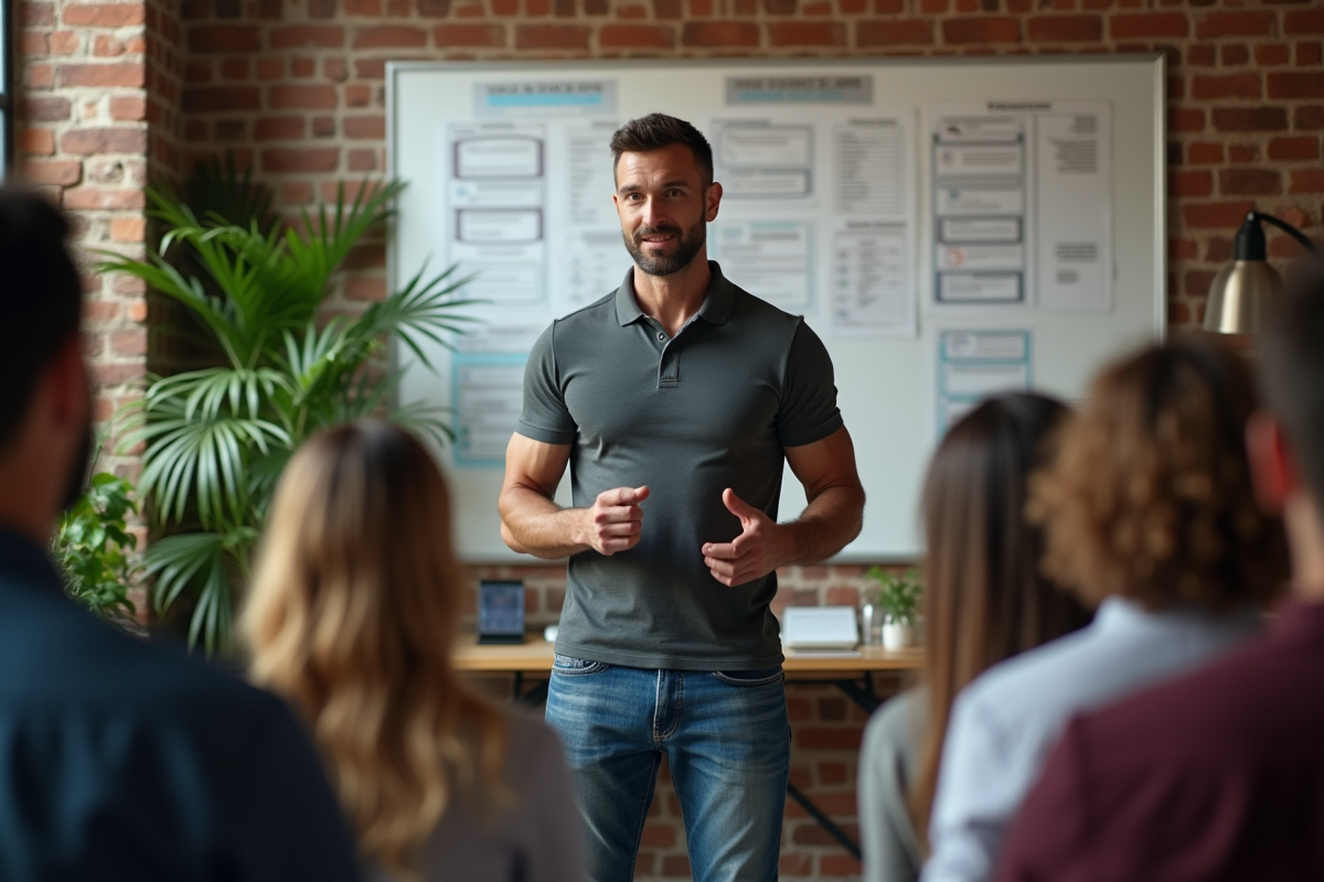 Coach nutrition en séance avec un groupe dans une salle conviviale