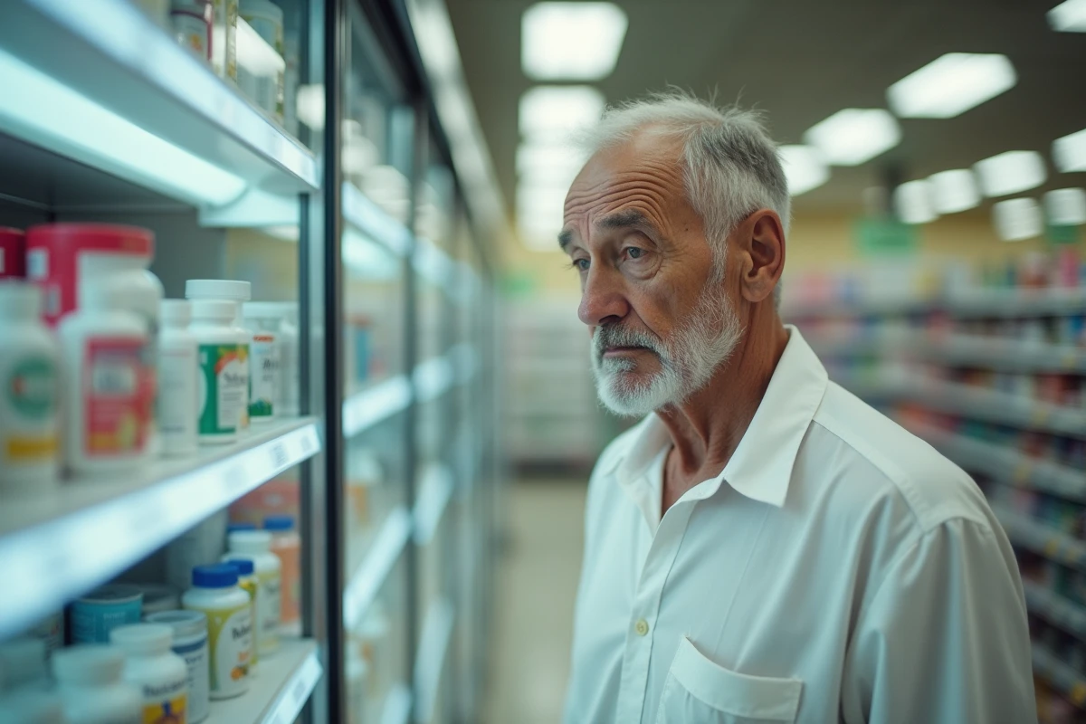 Homme âgé dans une pharmacie hésitant devant des médicaments contre les troubles digestifs, symbolisant le retard de diagnostic des symptômes du cancer de l'estomac