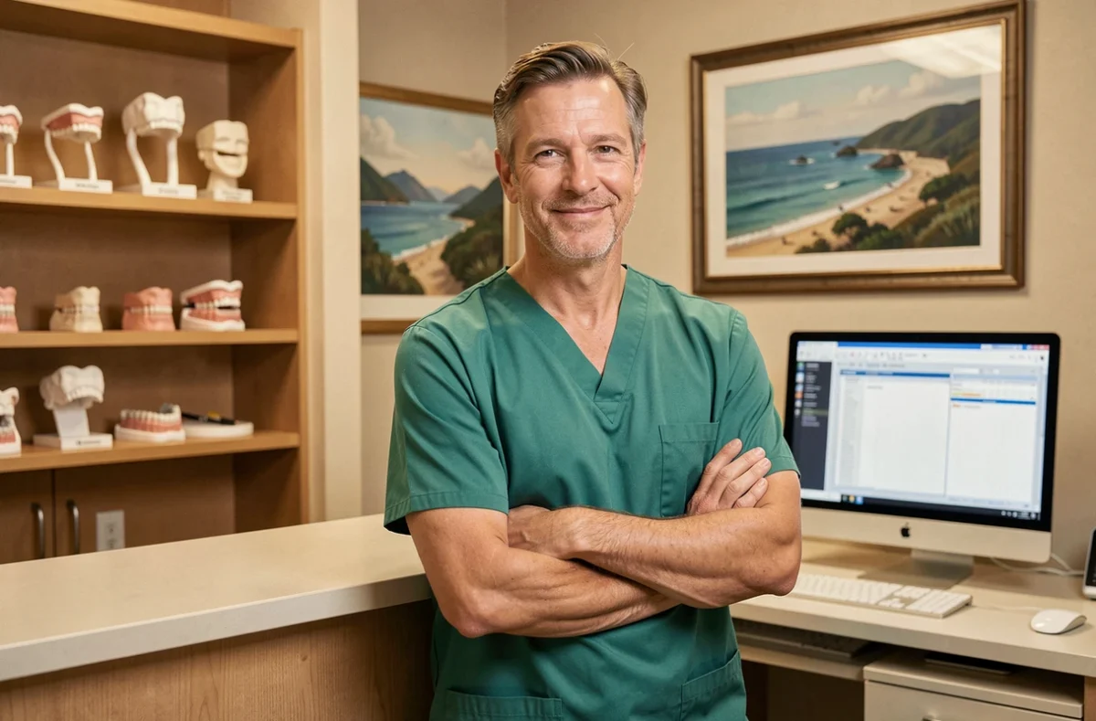 Portrait du dentiste Laurent Bergeron dans son cabinet dentaire, posture détendue et professionnelle