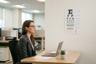 Femme portant des lunettes passant un bilan de vue au bureau dans un environnement de travail moderne