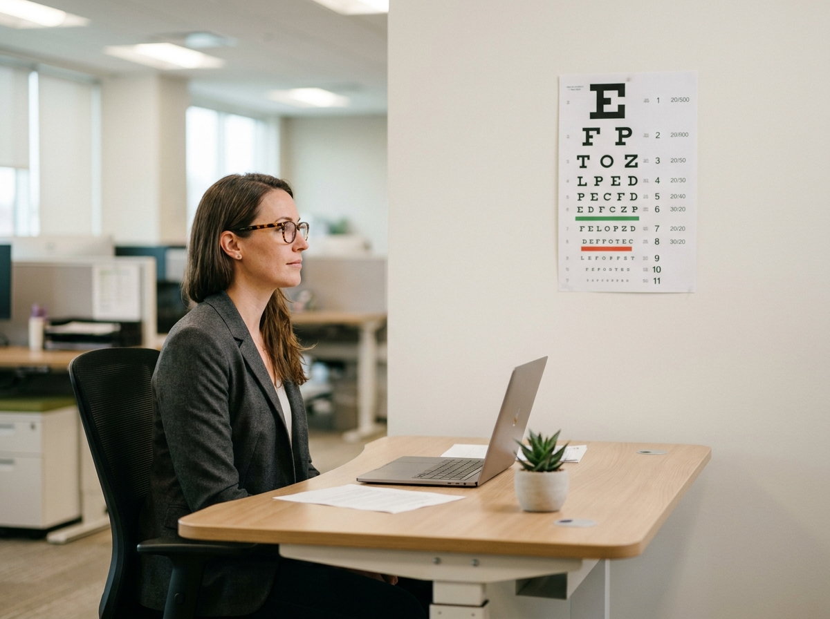 Femme portant des lunettes passant un bilan de vue au bureau dans un environnement de travail moderne