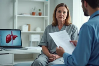 Femme en surpoids consultant un médecin pour un bilan hépatique avec résultats de transaminases SGOT
