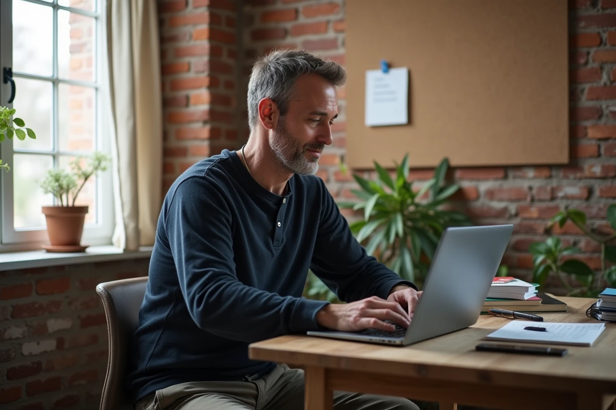 Homme blogueur bien-être travaillant sereinement dans un bureau à domicile chaleureux