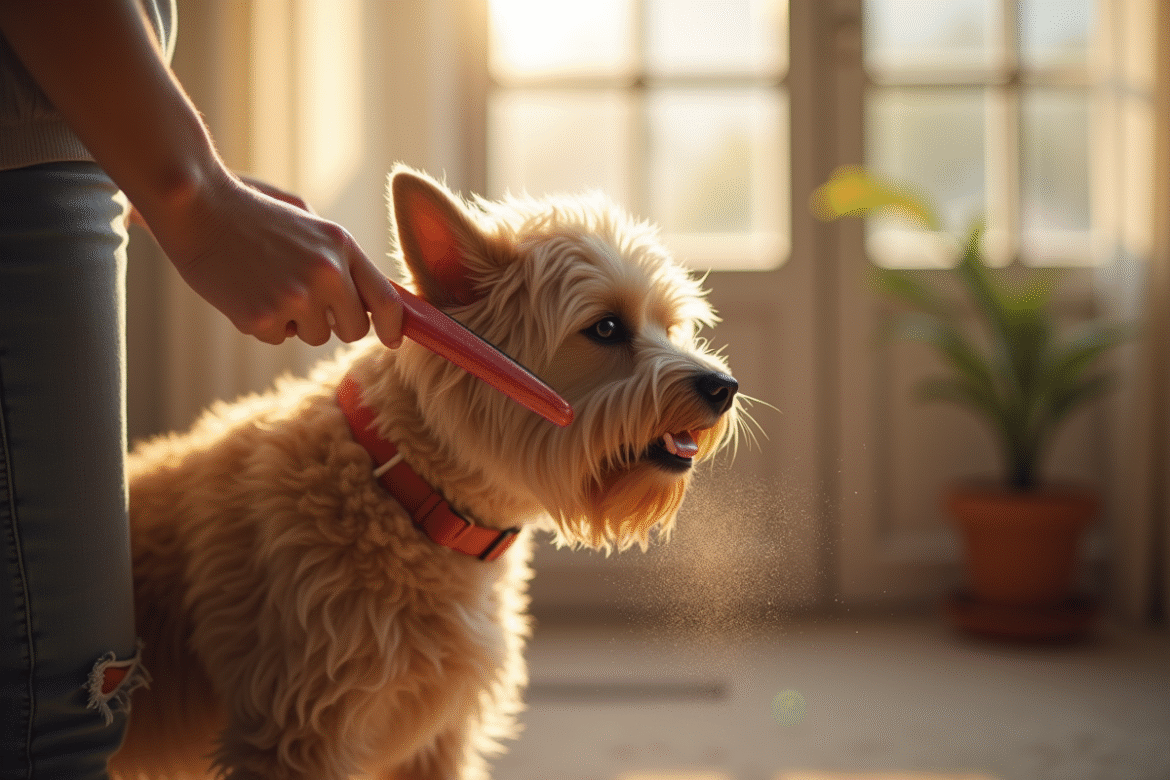 Personne brossant un chien à poil court dans un salon lumineux