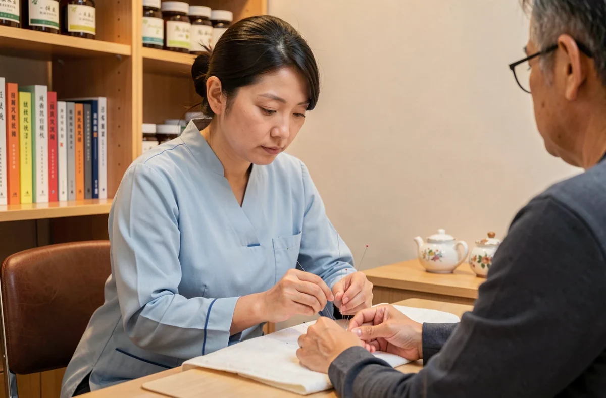 Acupunctrice d'origine asiatique insérant des aiguilles sur l'avant-bras d'un patient dans un cabinet chaleureux à Obernai