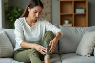 Femme appliquant un cataplasme d'argile verte sur une cheville foulée, assise sur un canapé dans un intérieur cosy