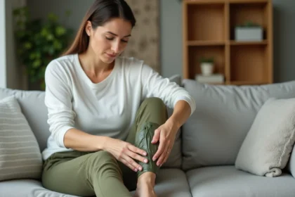 Femme appliquant un cataplasme d'argile verte sur une cheville foulée, assise sur un canapé dans un intérieur cosy