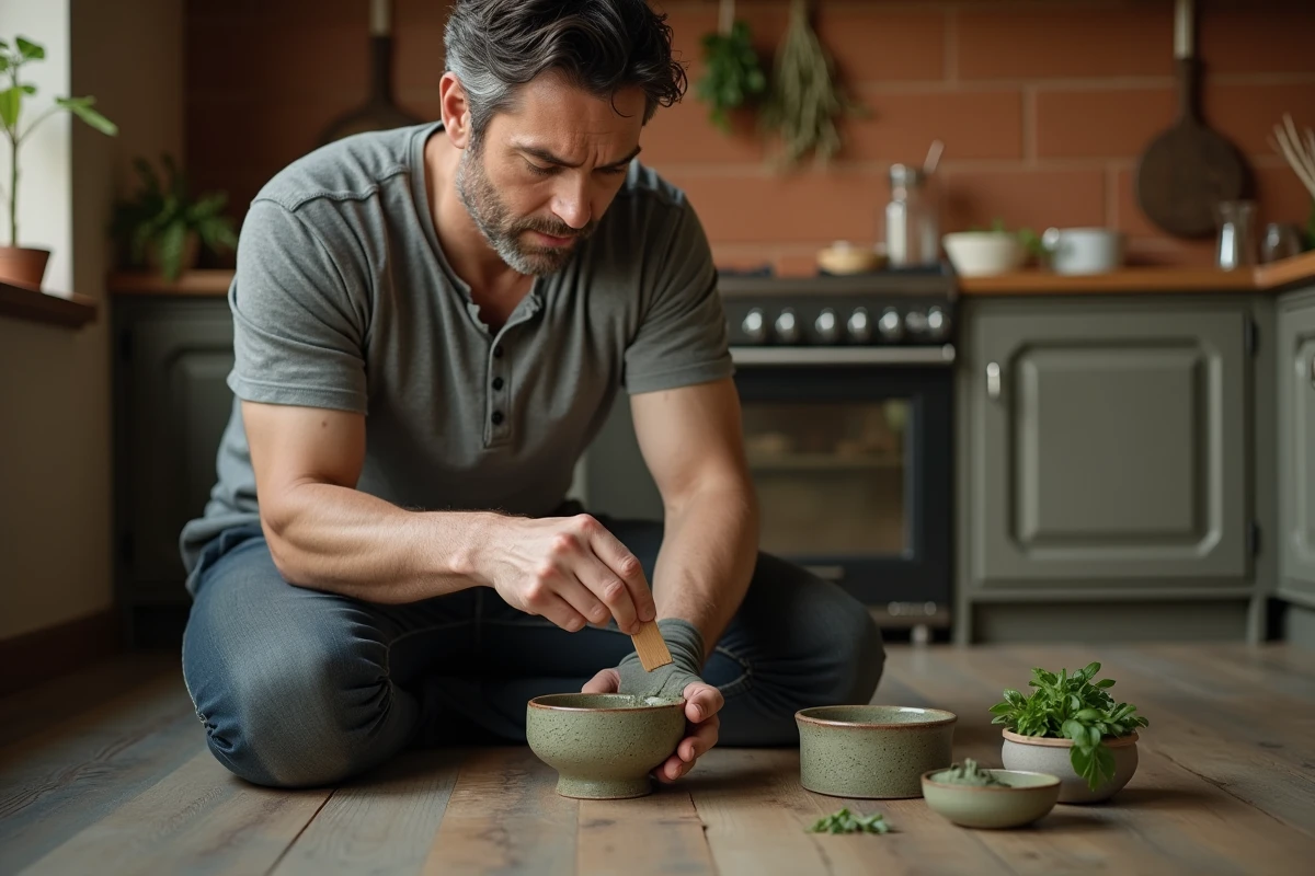 Homme appliquant un cataplasme d'argile verte sur son poignet foulé dans une cuisine rustique avec des ingrédients naturels