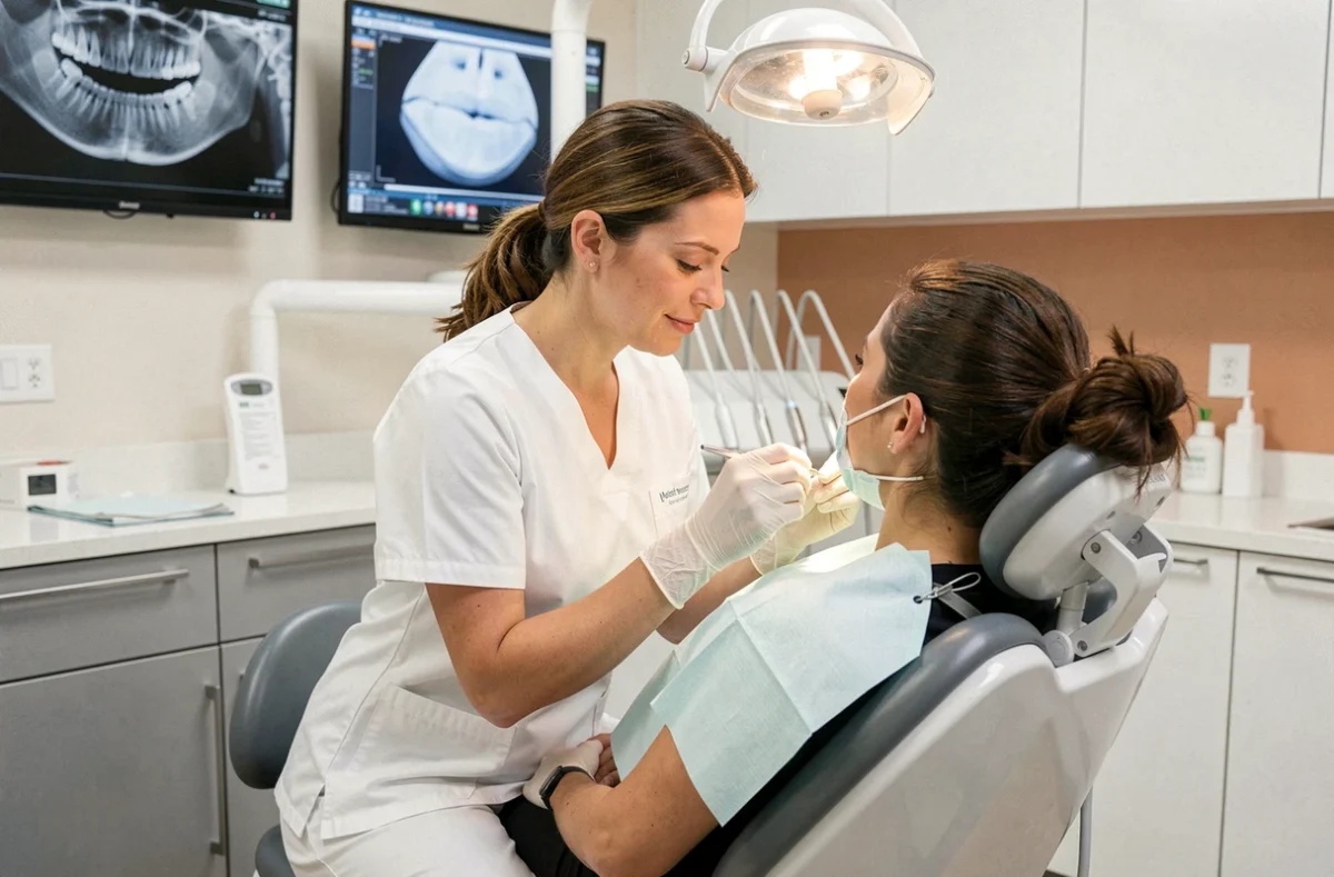 Dentiste du Centre Dentaire Vannes Dentego examinant un patient dans un cabinet moderne et équipé