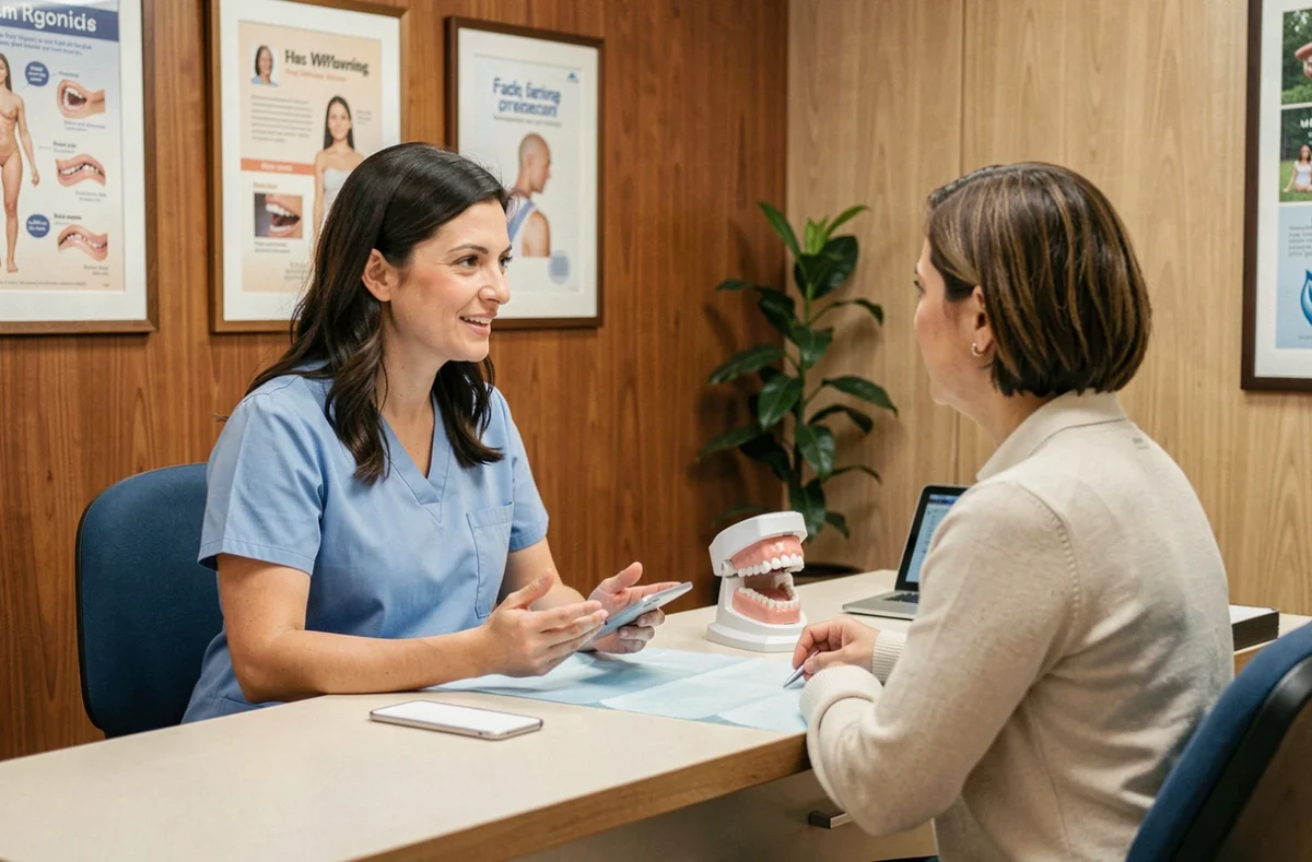 Dentiste du Centre de Soins Chaintreau en consultation avec une patiente dans un cabinet chaleureux