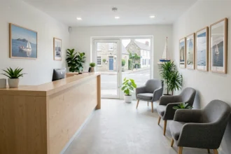 Salle d'attente moderne d'un centre dentaire dans le Morbihan avec décoration épurée et ambiance professionnelle