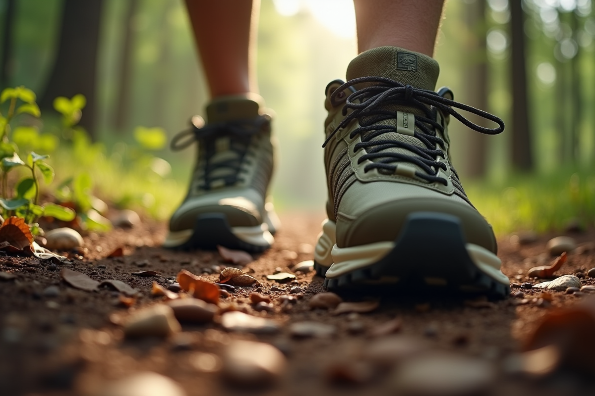 Détail de chaussures usées marchant sur un sentier forestier ensoleillé