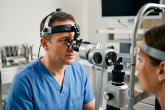 Ophtalmologue examinant un patient avec un biomicroscope à lampe à fente dans une clinique moderne spécialisée en chirurgie de la cataracte