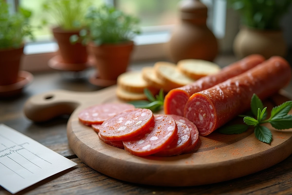 Planche de charcuterie avec du chorizo tranché et une brochure d'information sur la grossesse posée à côté