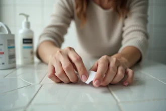 Femme adulte appliquant un pansement stérile sur un ongle arraché en cours de cicatrisation
