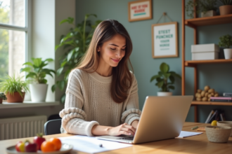 Jeune coach nutrition assise à son bureau lumineux