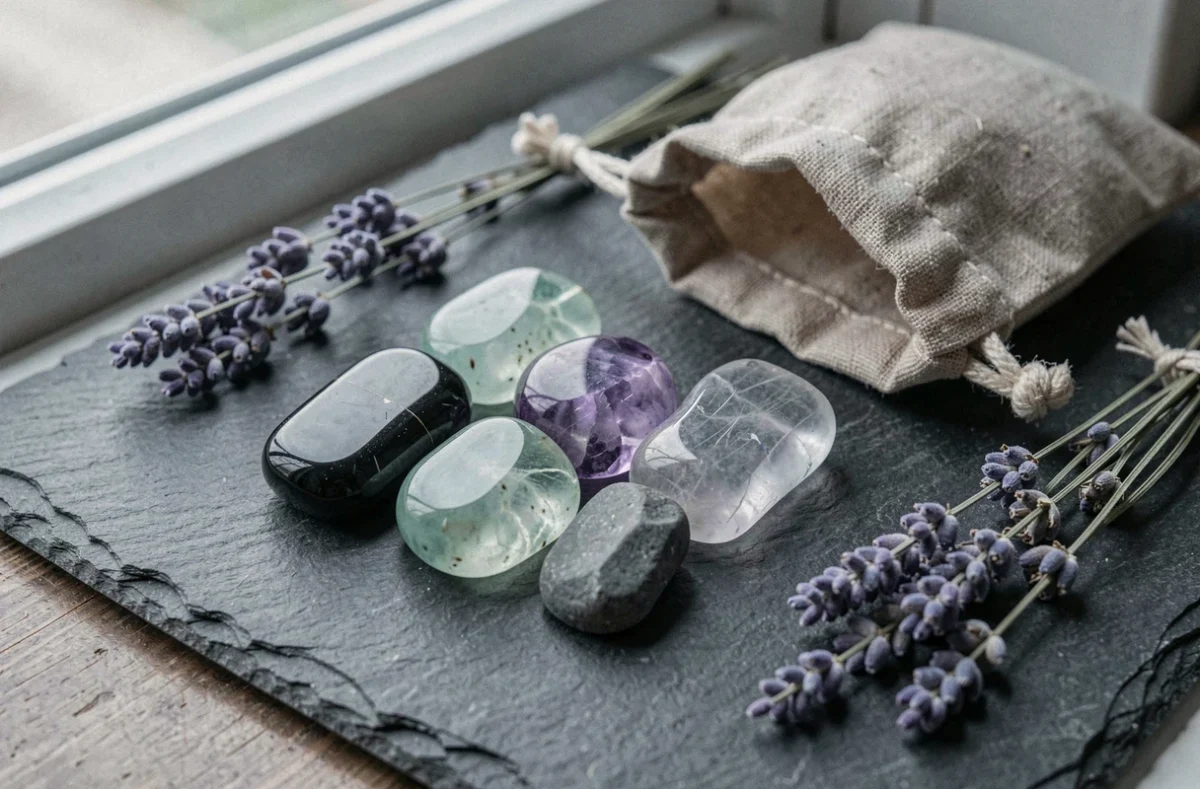 Collection de worry stones en différents minéraux — obsidienne, aventurine, améthyste, pierre de lune et silex — disposées sur une ardoise avec une pochette en lin et des brins de lavande séchée