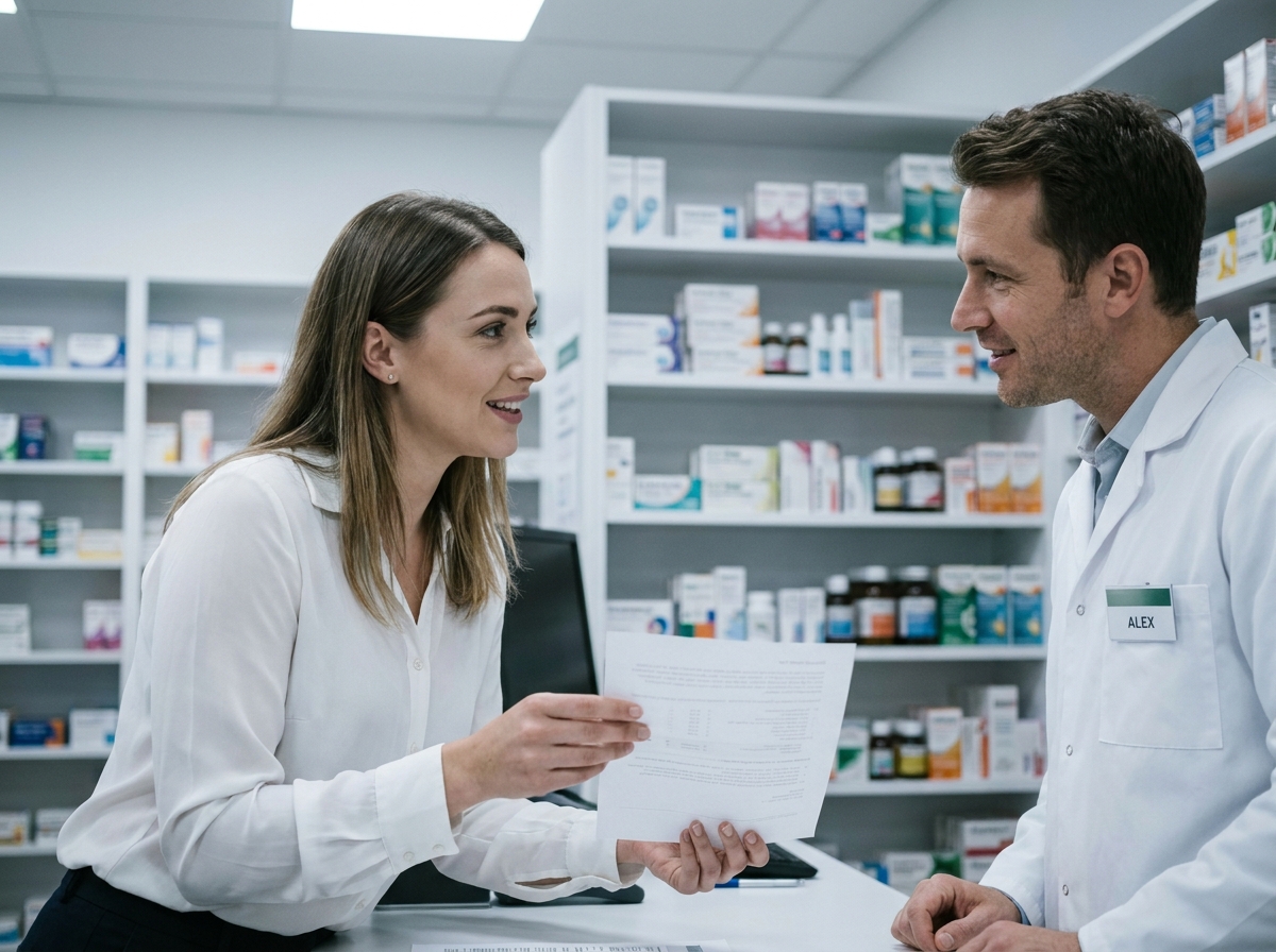 Jeune femme consultant un pharmacien avec une confirmation de commande médicament achetée en ligne
