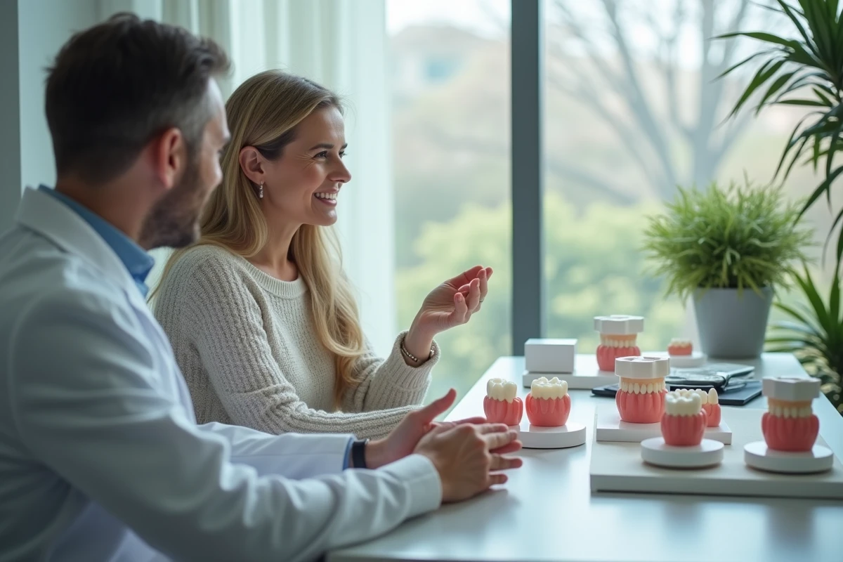 Patient et dentiste discutant de protheses dentaires dans un cabinet