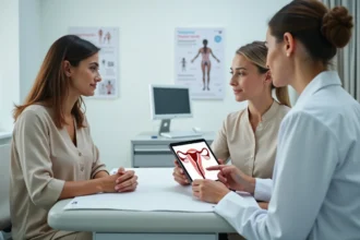 Consultation gynécologique pour polype utérin et règles abondantes avec une patiente et sa médecin