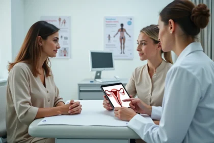 Consultation gynécologique pour polype utérin et règles abondantes avec une patiente et sa médecin