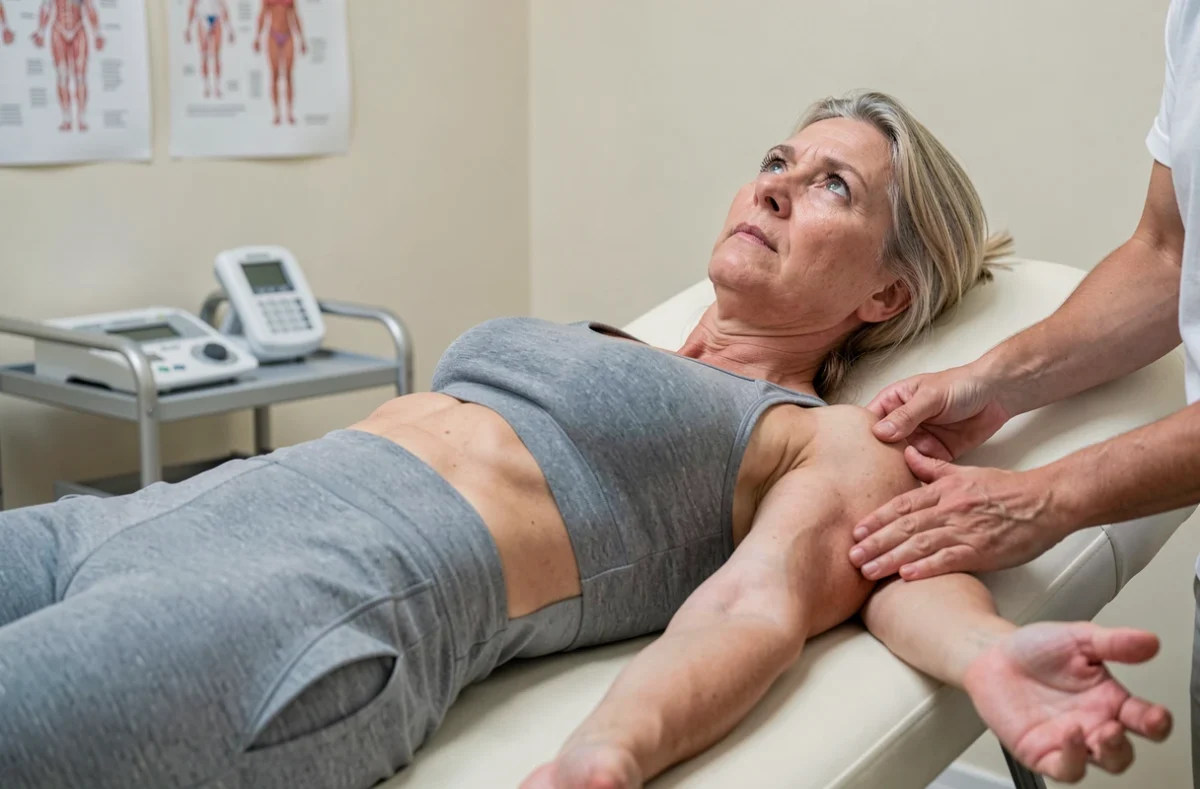 Femme examinée par un kinésithérapeute pour des fourmillements dans le bras et une douleur à l'épaule en cabinet médical