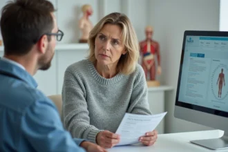 Femme d'âge mûr en consultation médicale discutant de ses options de traitement avec son médecin dans un cabinet moderne