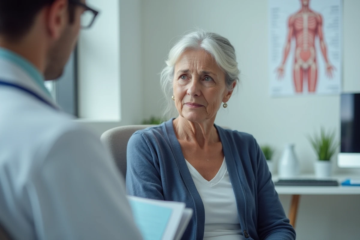 Femme en consultation médicale discutant de symptômes digestifs avec son médecin, illustrant l'importance du diagnostic précoce du cancer de l'estomac