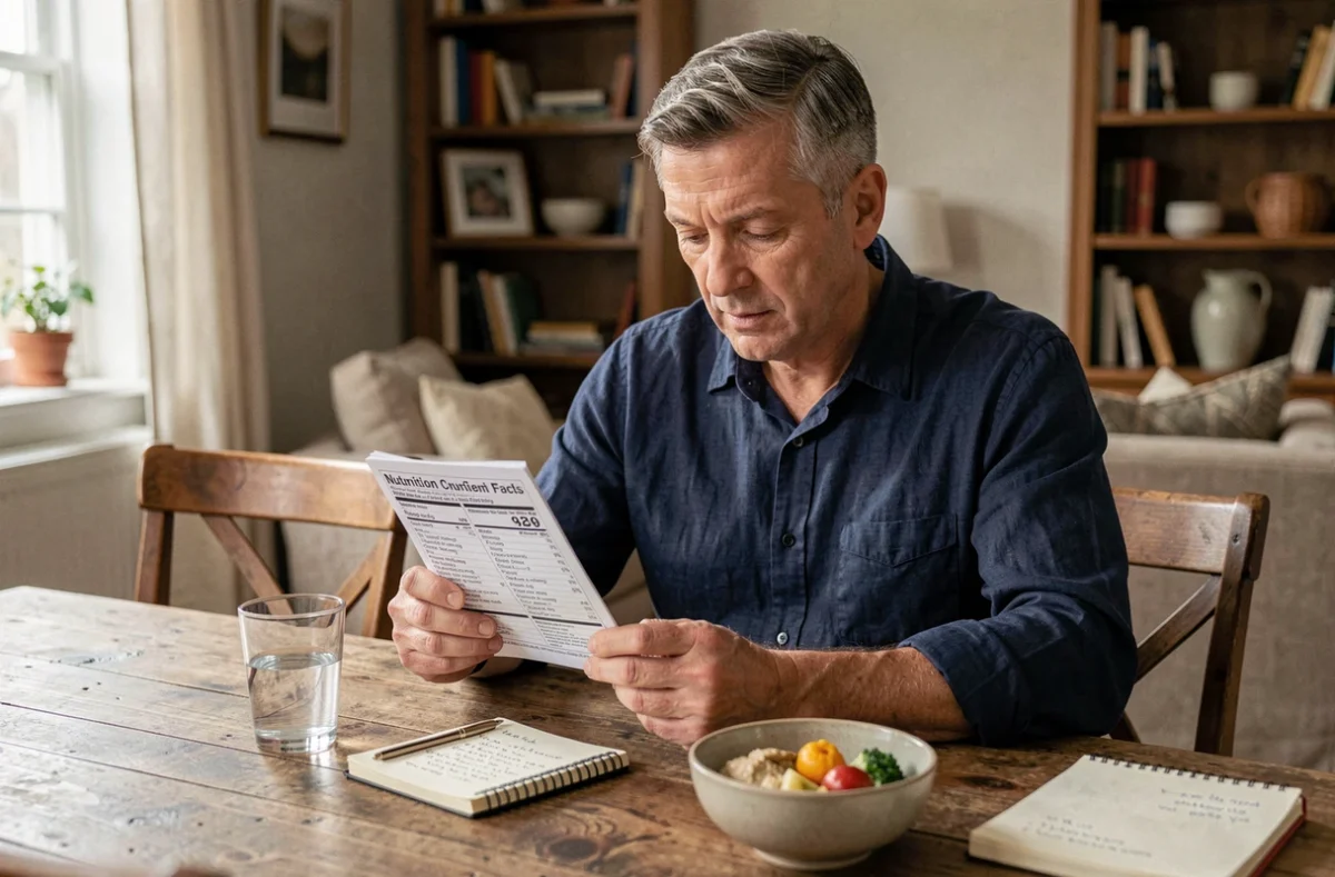 Homme lisant les étiquettes nutritionnelles pour contrôler son alimentation et perdre 15 kilos sans faire de sport