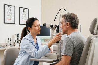 Ophtalmologiste réalisant un examen de la vue avec une lampe à fente sur un patient adulte dans un cabinet médical moderne