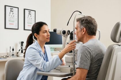 Ophtalmologiste réalisant un examen de la vue avec une lampe à fente sur un patient adulte dans un cabinet médical moderne