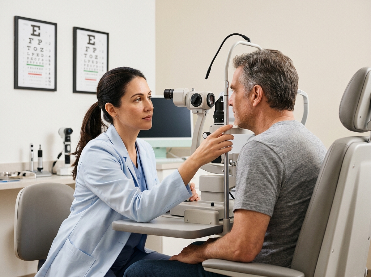 Ophtalmologiste réalisant un examen de la vue avec une lampe à fente sur un patient adulte dans un cabinet médical moderne