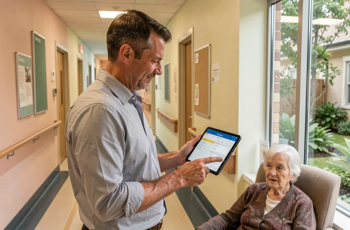 Coordinateur de soins consultant un logiciel de suivi sur tablette dans le couloir d'un Ehpad moderne