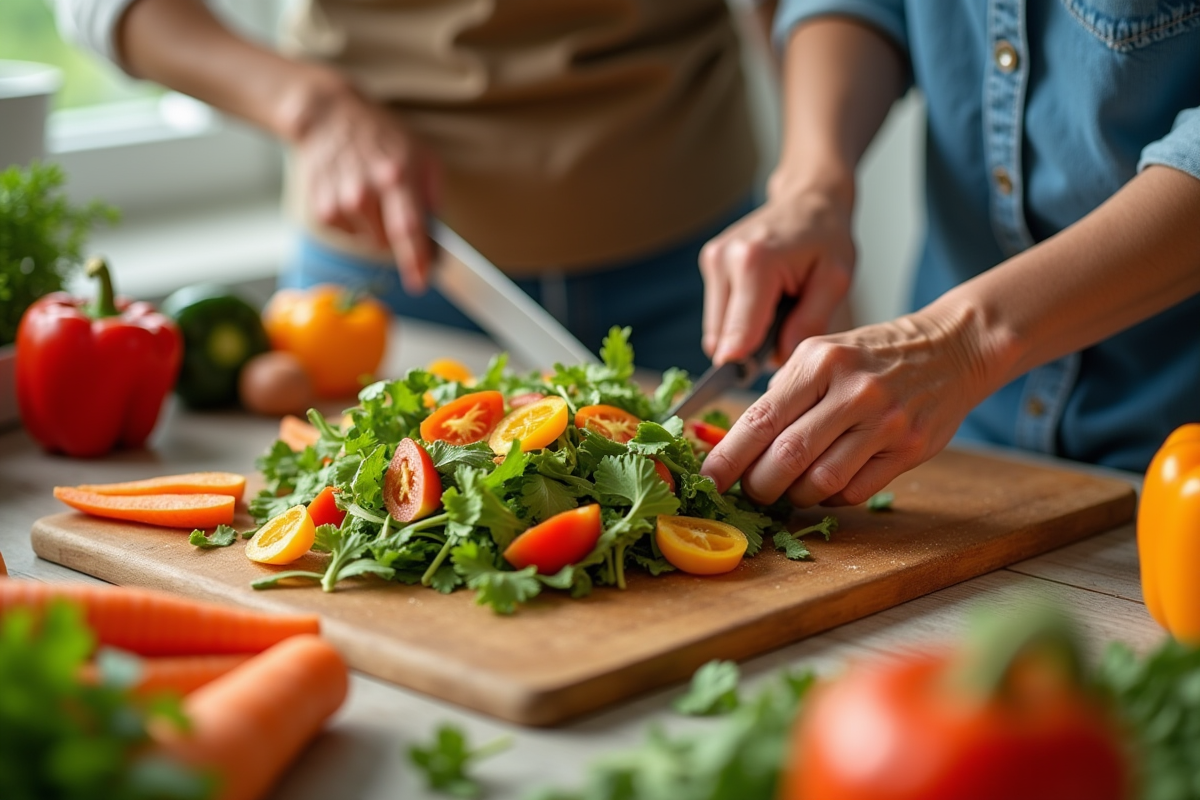 Couple senior coupant des vegetables pour une salade colorée
