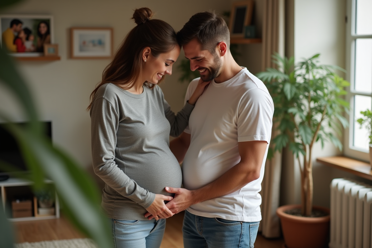 Couple marié soutenant leur ventre de femme enceinte à la maison