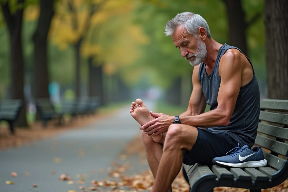 Coureur d'âge mûr examinant la plante de son pied nu sur un banc de parc après une douleur au talon liée à l'épine calcanéenne