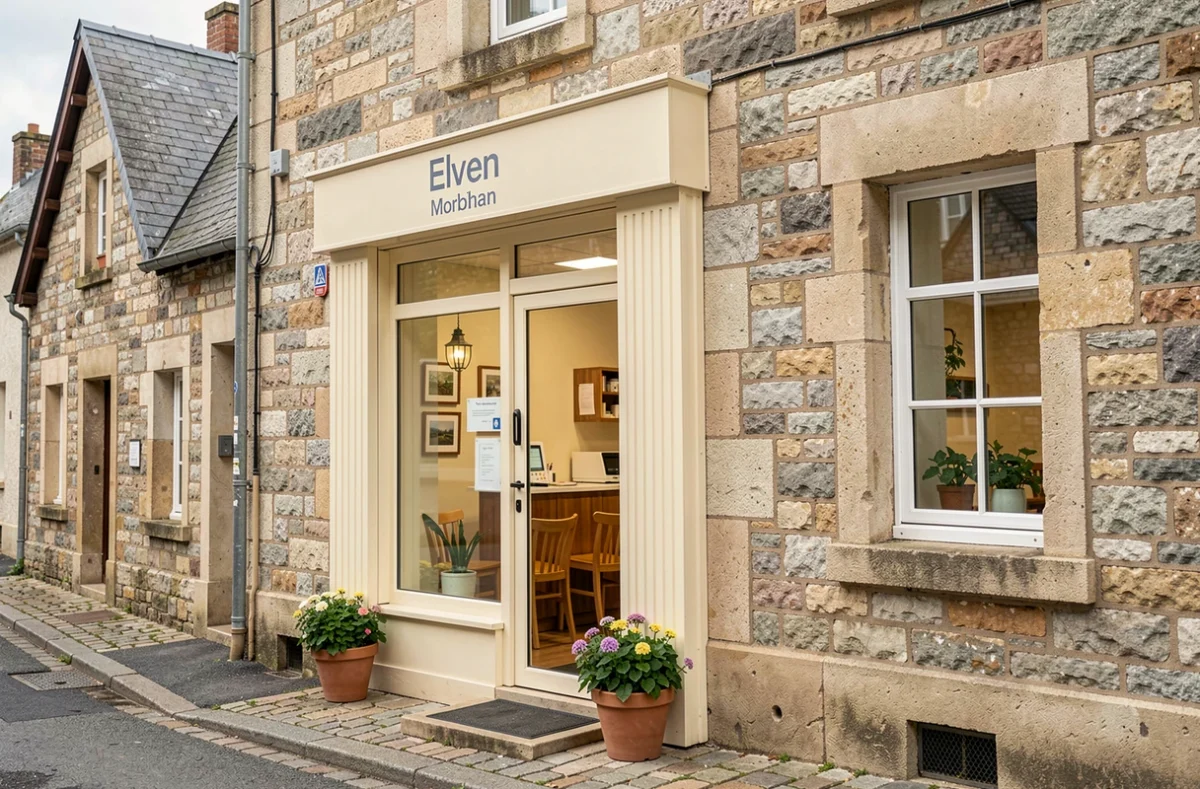 Façade du cabinet dentaire Dantour à Elven, petite ville du Morbihan, avec entrée accueillante