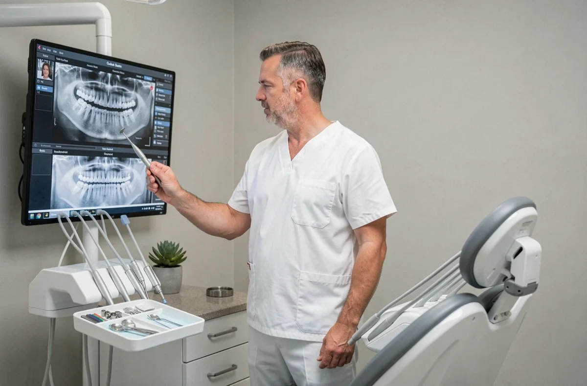 Le dentiste Mikaël Darchen examinant un cliché radiographique dans son cabinet dentaire