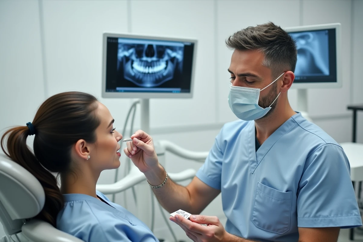 Dentiste utilisant un teintier pour choisir la couleur d'une restauration céramique avec sa patiente